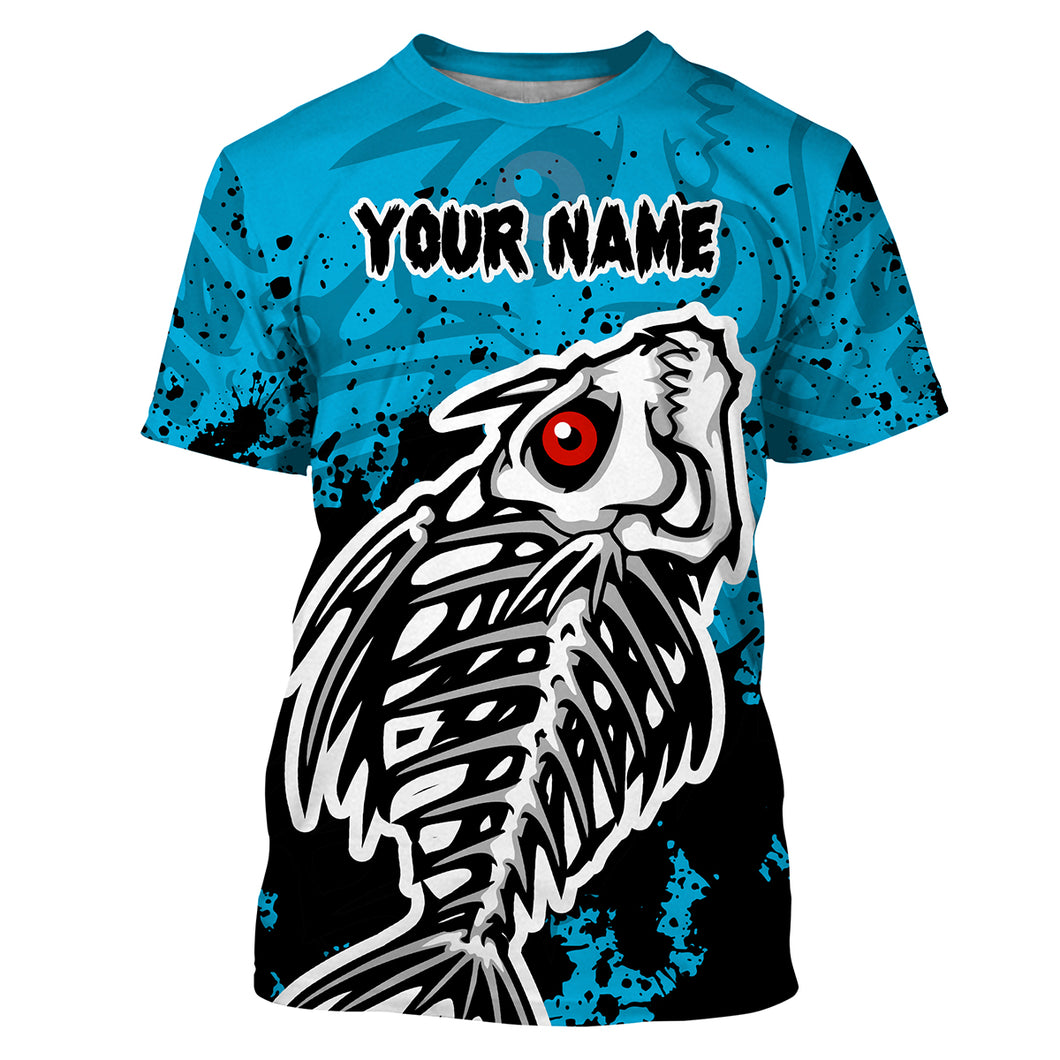 Fish Skeleton Blue fishing Customize name All-over Print Unisex fishing T-shirt HVFS016