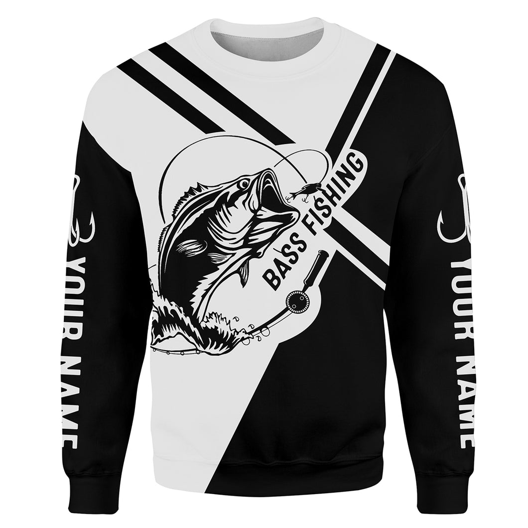 Bass fishing Fish hook Black and White Customize name All-over Print Crew Neck Sweatshirt HVFS049
