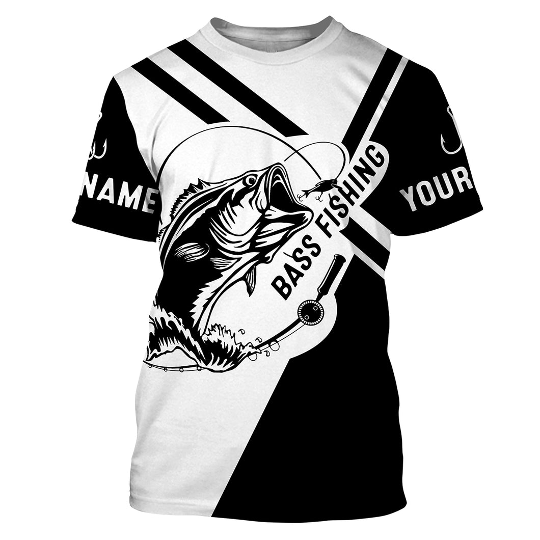 Bass fishing Fish hook Black and White Customize Name All-over Print fishing T-shirt HVFS049
