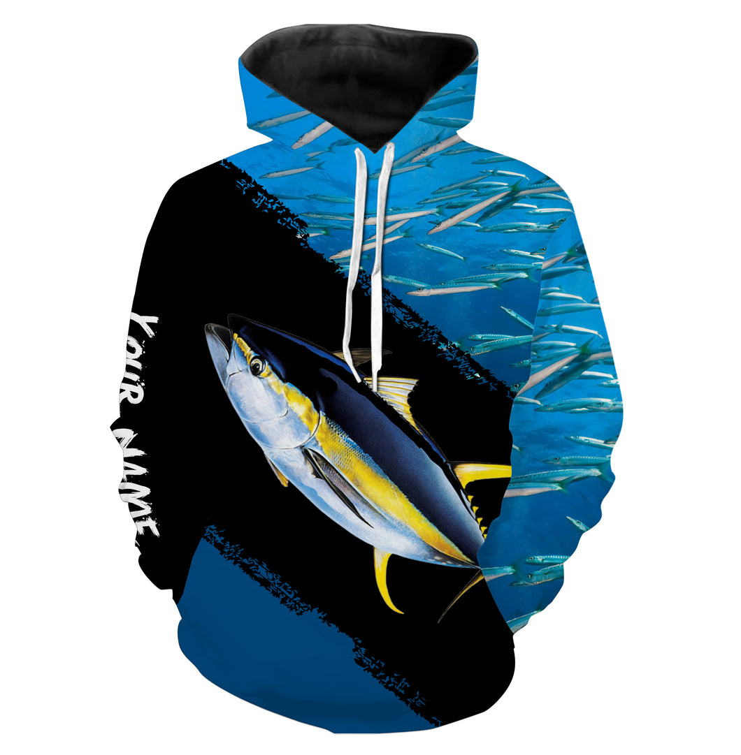 Yellowfin Tuna Fishing Blue Ocean Background Customize name 3D All Over Printed fishing hoodie TTN31