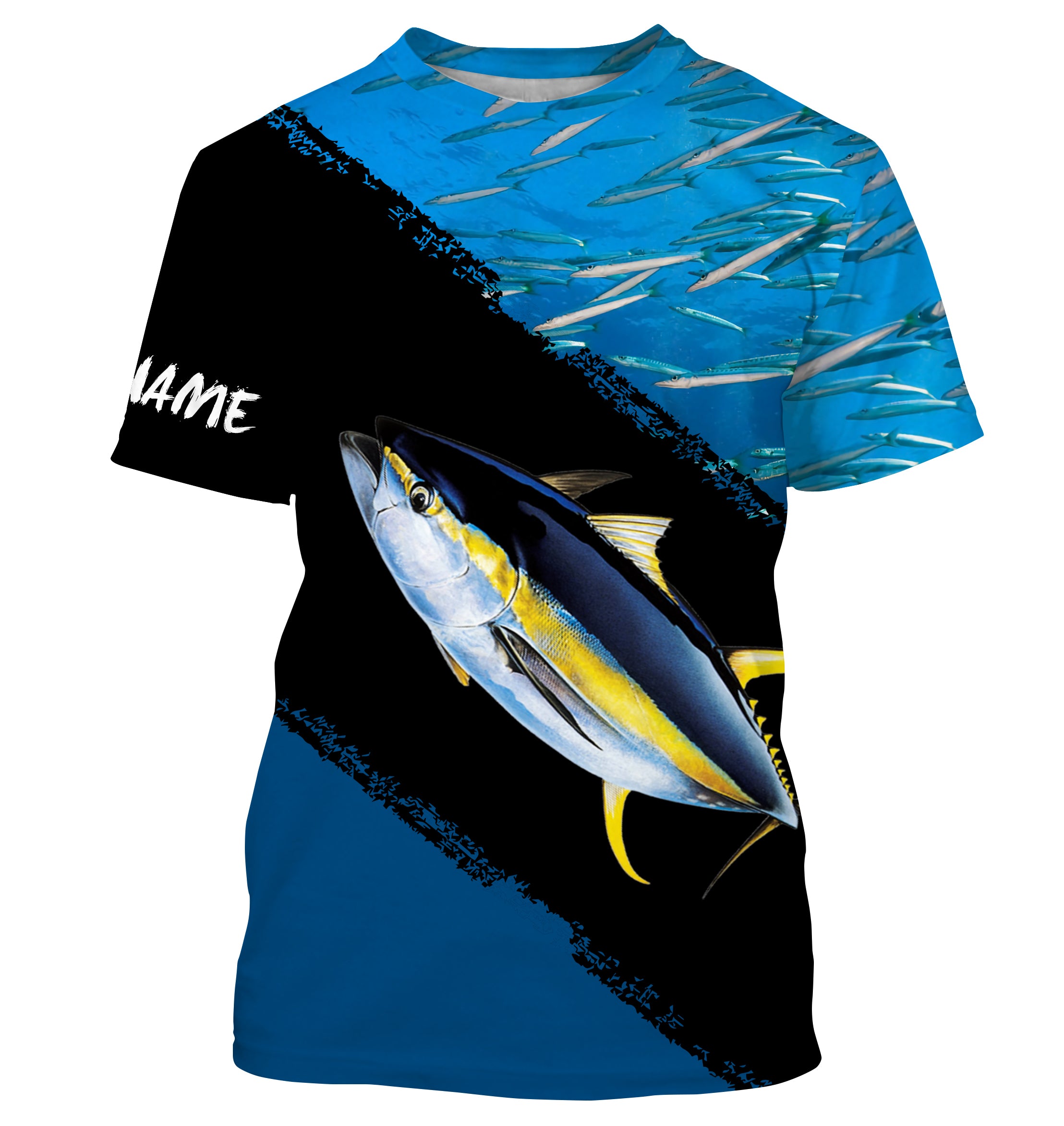 Yellowfin Tuna Fishing Blue Ocean Background Customize Name All-over Print fishing T-shirt TTN31