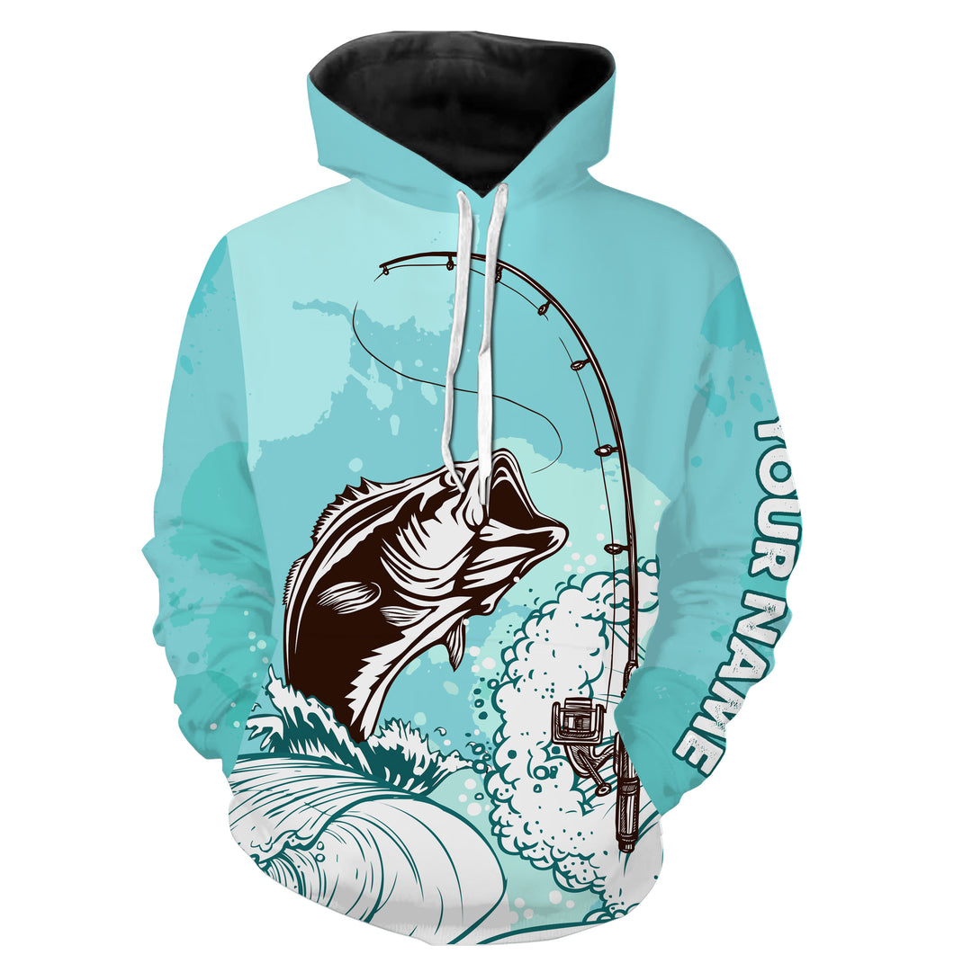 Largemouth Bass Fishing shirt rod sky blue color water waves Customize hoodie TTN32