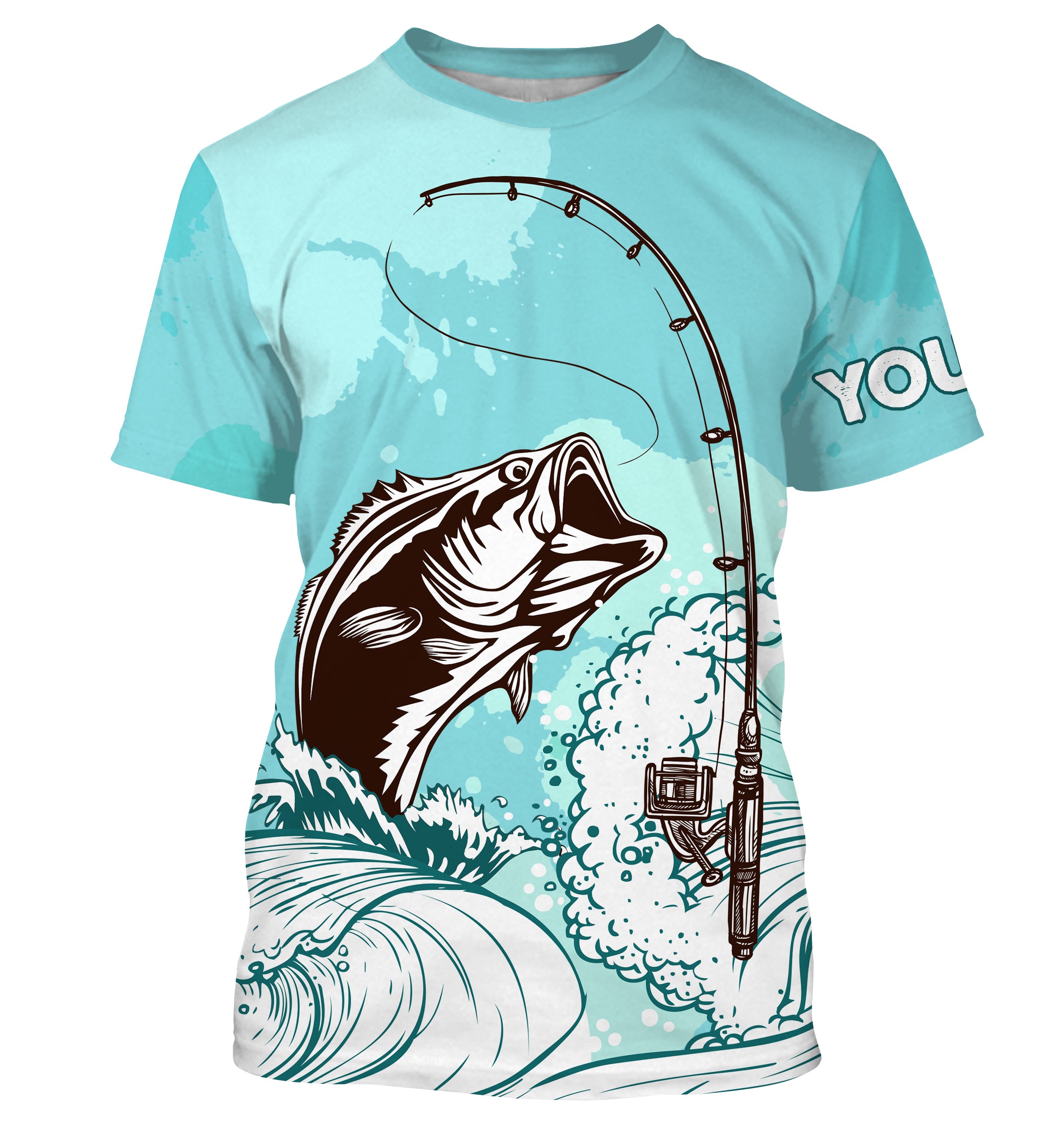 Largemouth Bass Fishing shirt rod sky blue color water waves Customize fishing T-shirt TTN32