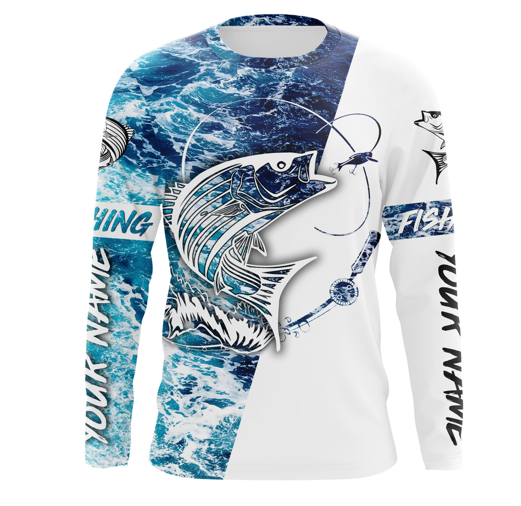 Striped Bass Fishing Custom Long Sleeve Fishing Shirts, personalized Sea wave camo Fishing Shirts IPHW1684