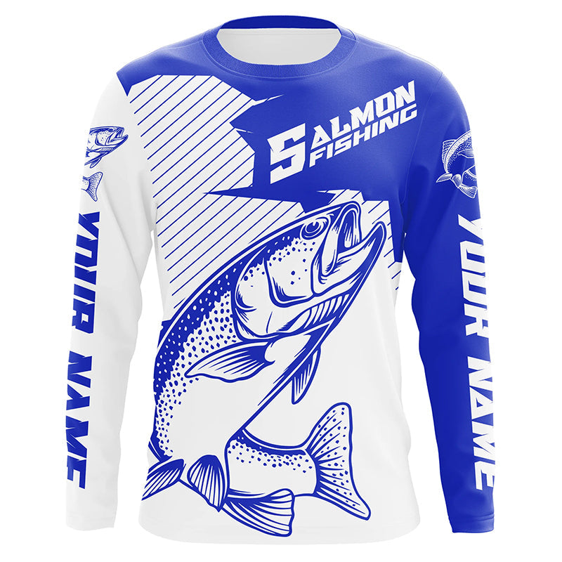 Custom Chinook King Salmon Saltwater Long Sleeve Fishing Shirts, Salmon Fishing Jerseys | Blue IPHW4593