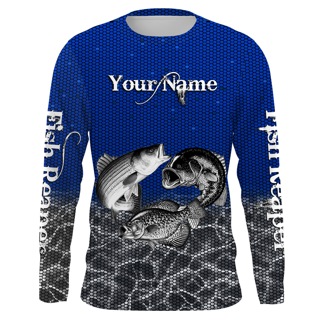 Crappie, Bass, Striper Fishing Custom Long Sleeve performance Fishing Shirts Fishing jerseys | blue IPHW1693