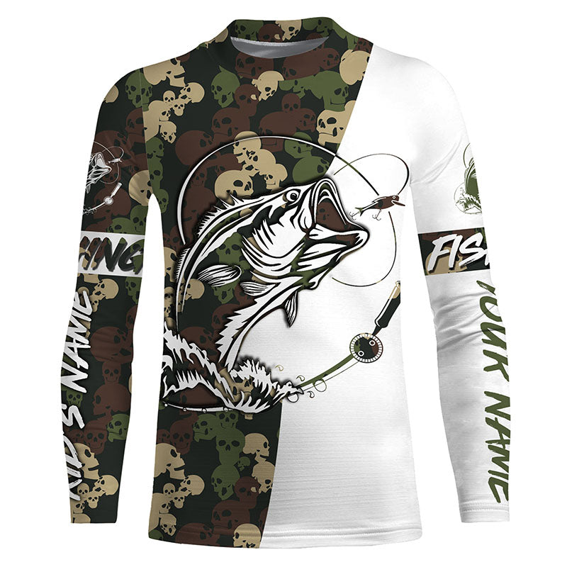 Custom skull camo Bass Long sleeve performance Fishing Shirts, Halloween Bass Fishing gifts IPHW3412