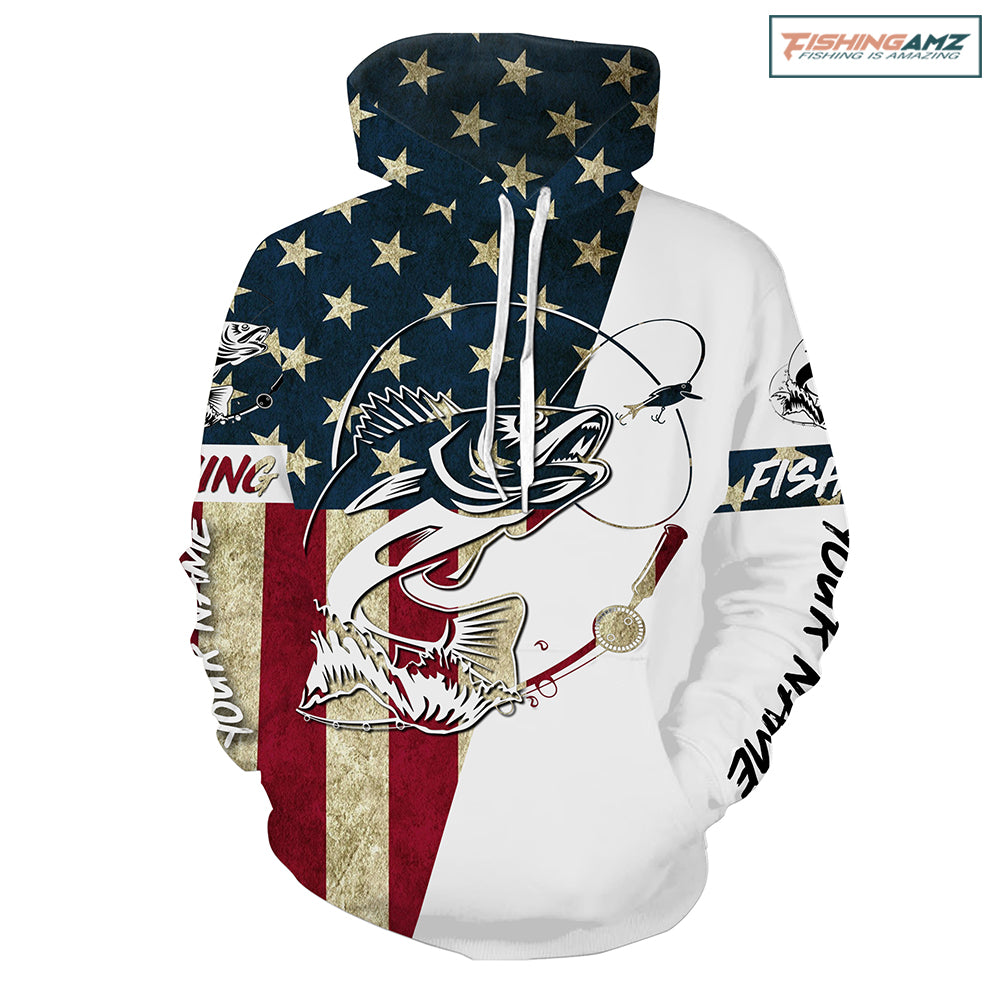 Walleye Fishing American Flag Custom All over print Hoodie Fishing Shirts, Personalized Patriotic Fishing gifts - HPW196