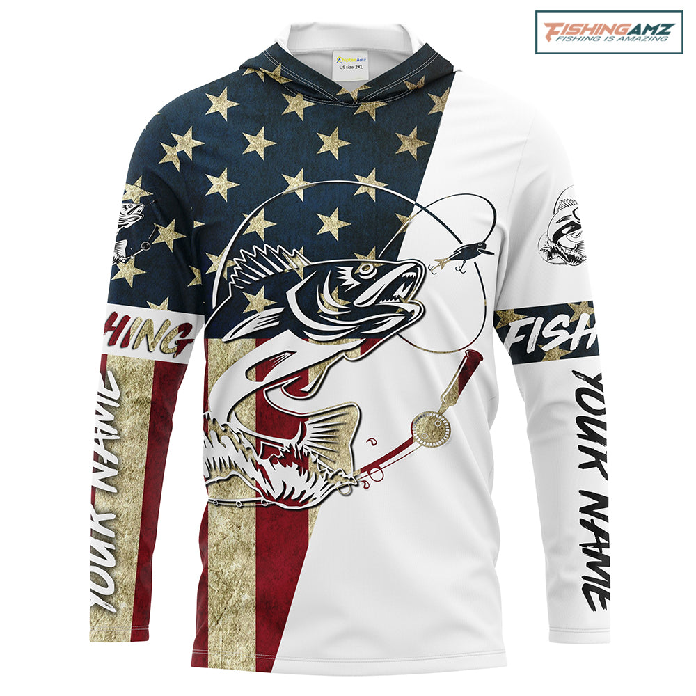 Walleye Fishing American Flag Custom Long Sleeve Fishing Shirts, Personalized Patriotic Fishing Gifts UV clothing - HPW196
