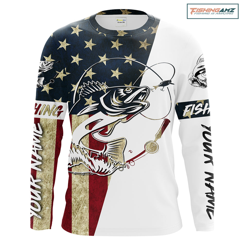 Walleye Fishing American Flag Custom Long Sleeve Fishing Shirts, Personalized Patriotic Fishing Gifts UV clothing - HPW196