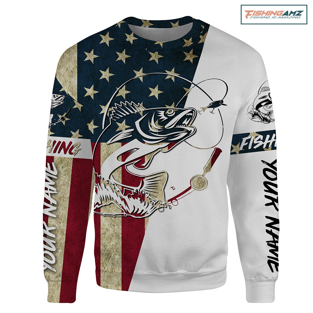 Walleye Fishing American Flag Custom All over print Sweatshirt, Personalized Patriotic Fishing gifts - HPW196