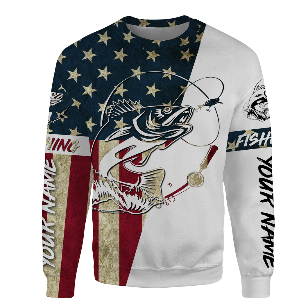 Walleye Fishing American Flag Custom All over print Sweatshirt, Personalized Patriotic Fishing gifts - HPW196