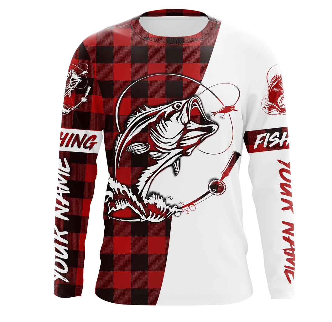 Custom Autumn Bass Fishing Long sleeve Fishing Shirts, Fishing Christmas gifts | red plaid IPHW1710