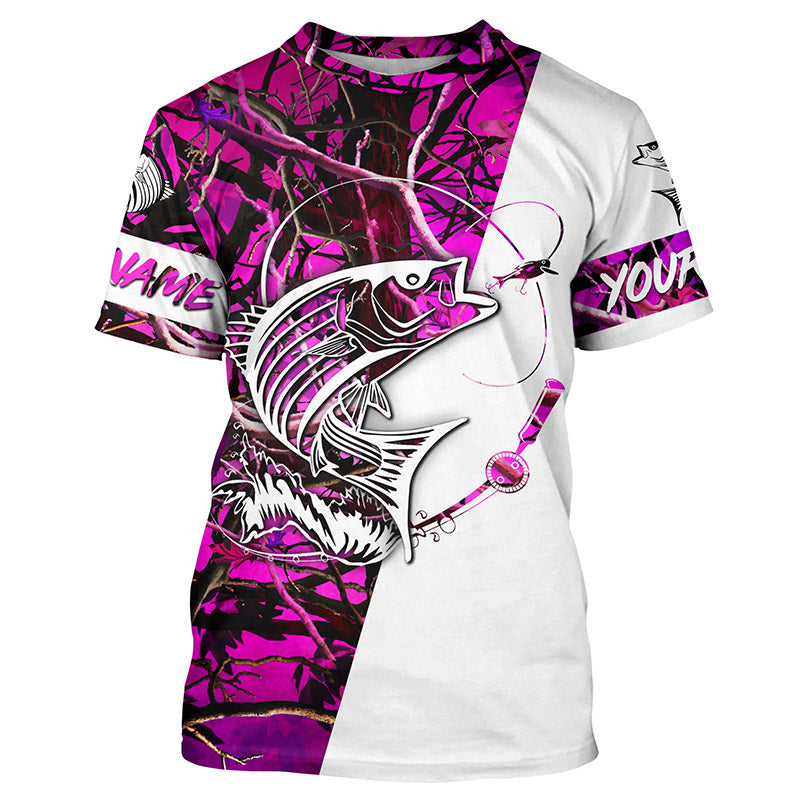 Custom Striped Bass Fishing T Shirts, Striper Bass Fishing Jerseys For Women | Pink Camo IPHW3954