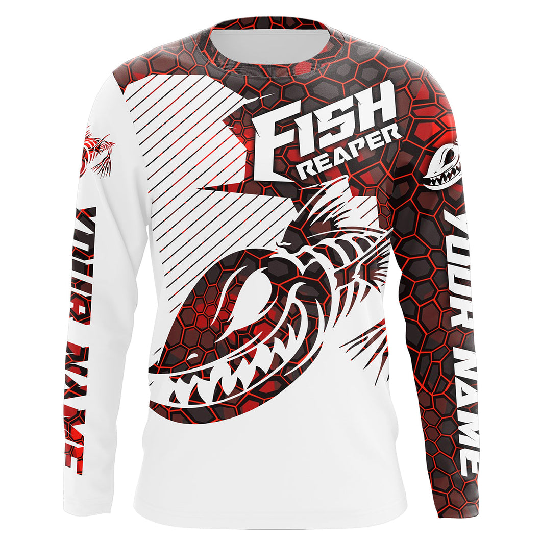 Fish reaper skull Custom Long Sleeve performance Fishing Shirts, Skull Fishing jerseys | red camo IPHW3133