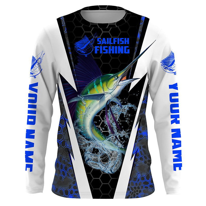 Personalized Sailfish Saltwater Long Sleeve Fishing Shirts, Sailfish Fishing Jerseys | Blue Camo IPHW3818