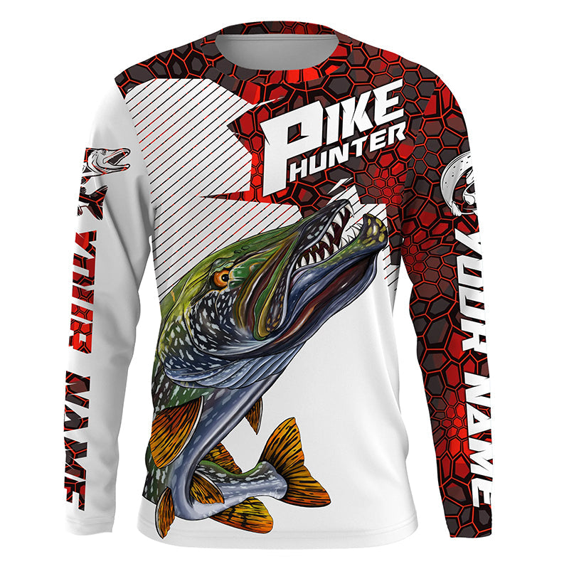 Pike Hunter Custom Nothern Pike Fishing Jerseys, Pike Long Sleeve Fishing Shirts | Red Camo IPHW3835
