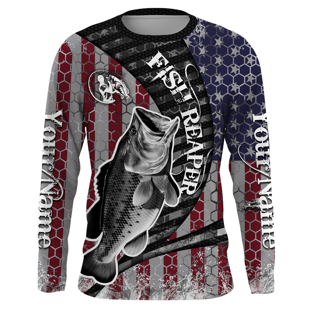 Bass Fishing American Flag Custom Long Sleeve Fishing Shirts, Personalized Patriotic Fishing gifts IPHW1958