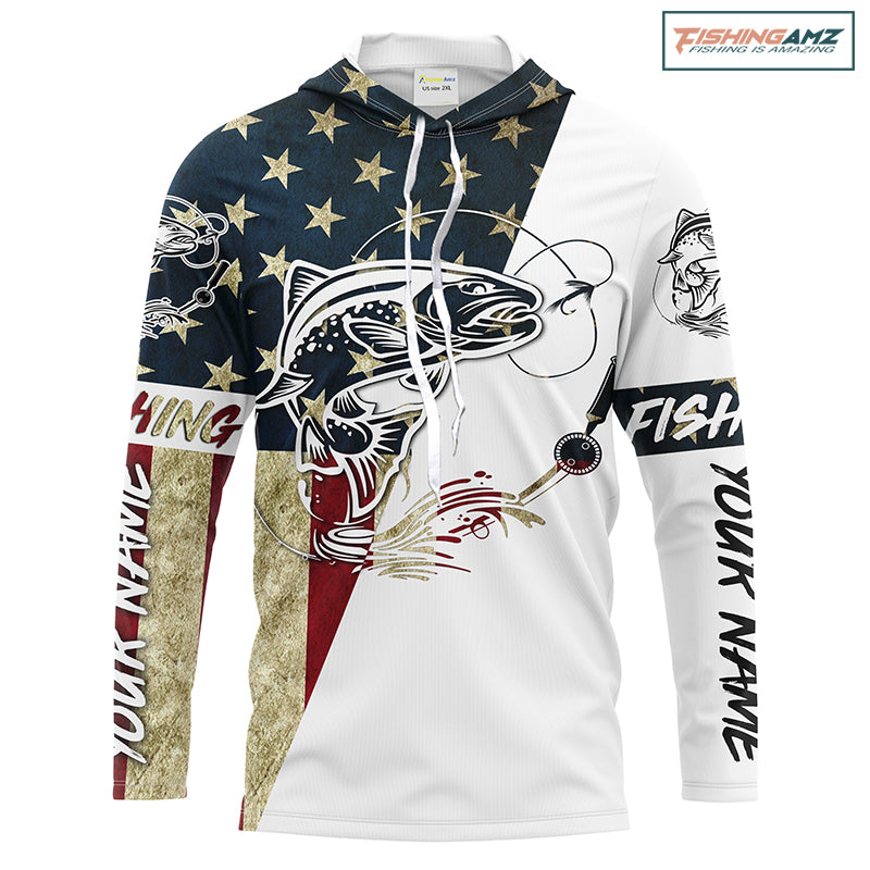 Trout Fish American Flag Custom UV Long Sleeve Fishing Shirts, Trout Fishing jerseys Patriotic Fishing apparel IPHW1594