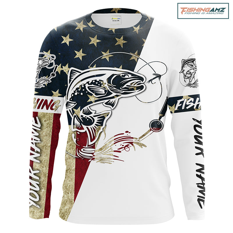 Trout Fish American Flag Custom UV Long Sleeve Fishing Shirts, Trout Fishing jerseys Patriotic Fishing apparel IPHW1594