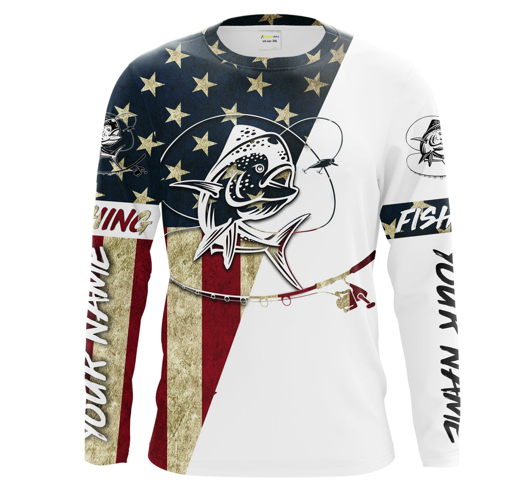 Mahi Mahi American Flag Custom UV Long Sleeve Fishing Shirts, Patriotic Fishing apparel IPHW1595