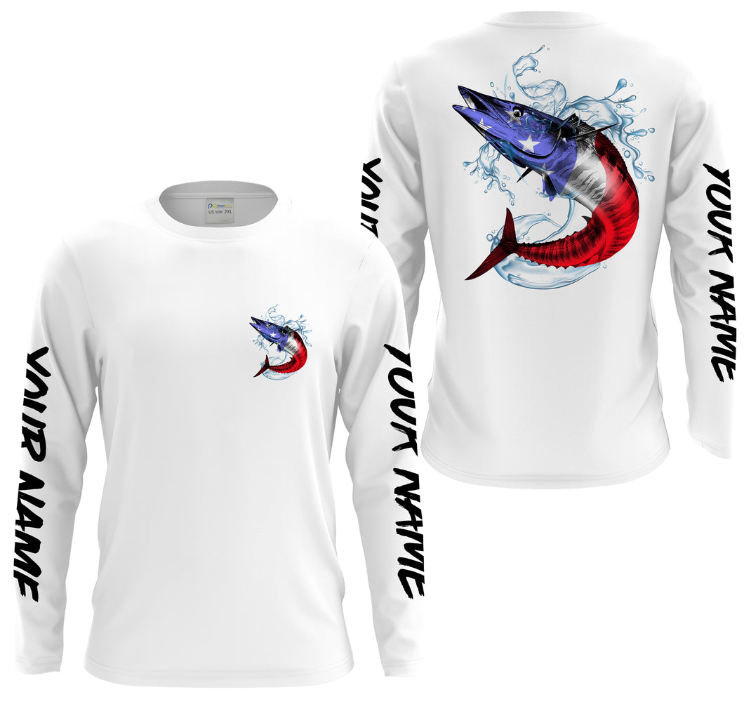 King Mackerel Fishing American Flag Custom Long sleeve performance Fishing Shirts, Patriotic Fishing apparel - HPW171