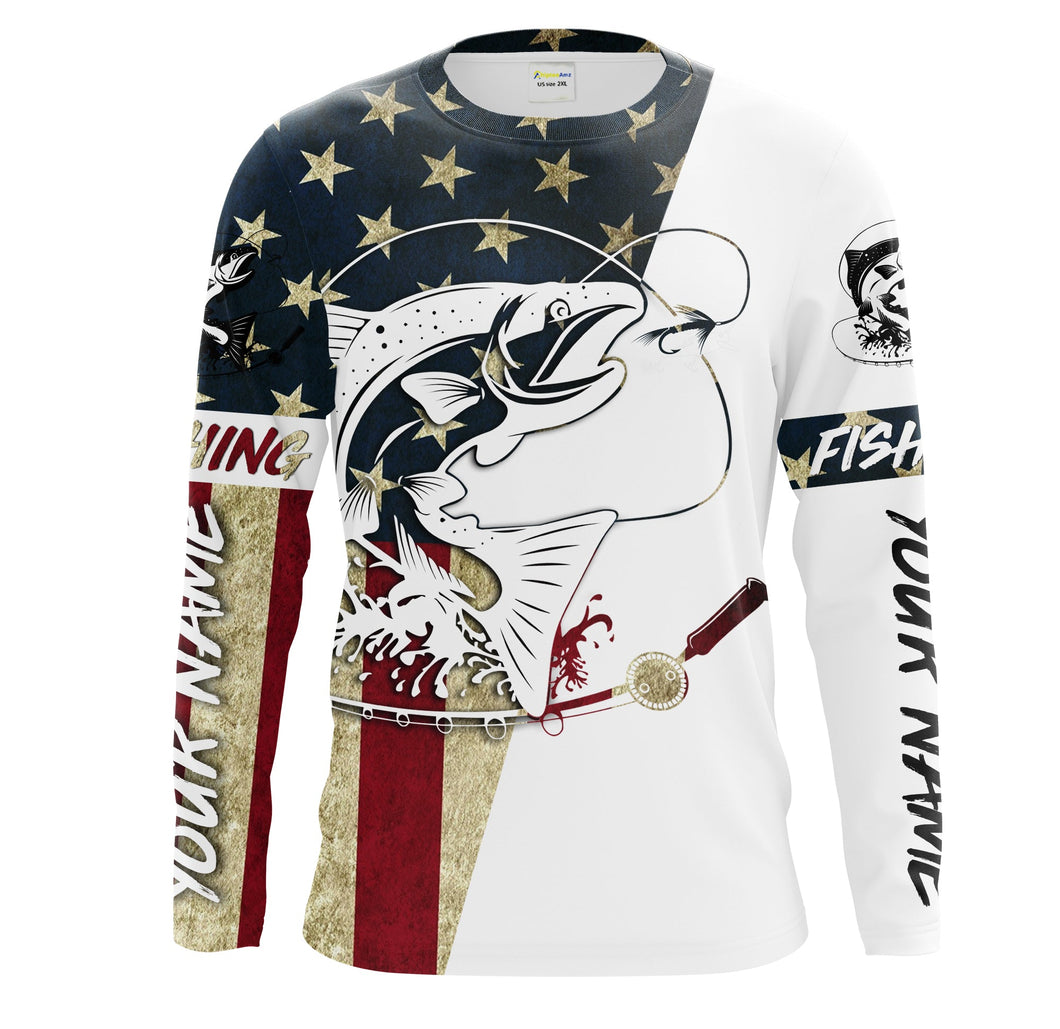 Salmon Fishing American Flag Custom UV Long Sleeve Fishing Shirts, Patriotic Fishing apparel IPHW1596