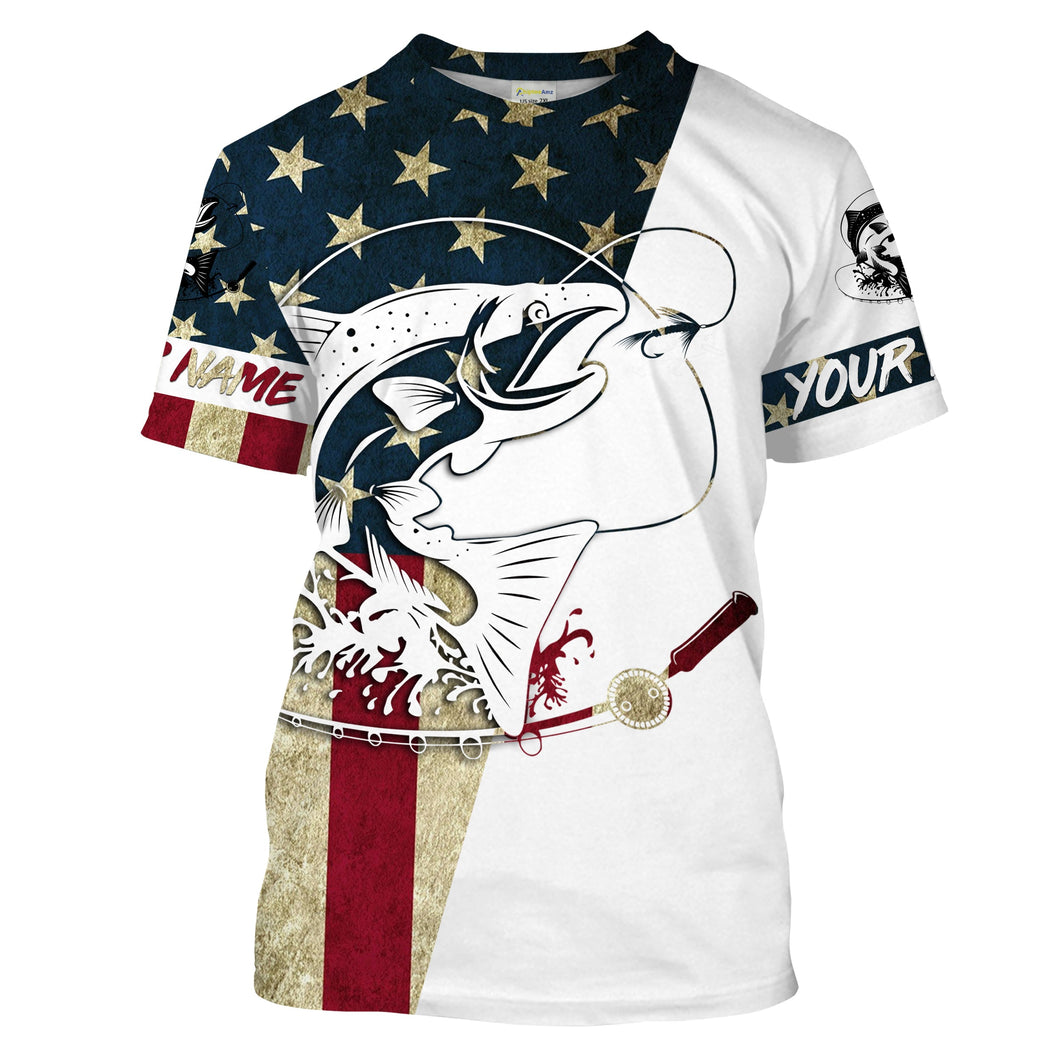 Salmon Fishing American Flag Custom UV Fishing T Shirts, Patriotic Fishing apparel IPHW1596