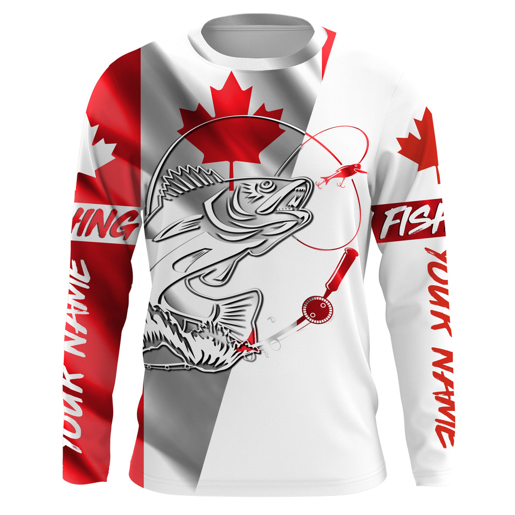 Canada Flag Walleye Fishing Custom long sleeve performance Fishing Shirts, Walleye Fishing jerseys IPHW2852
