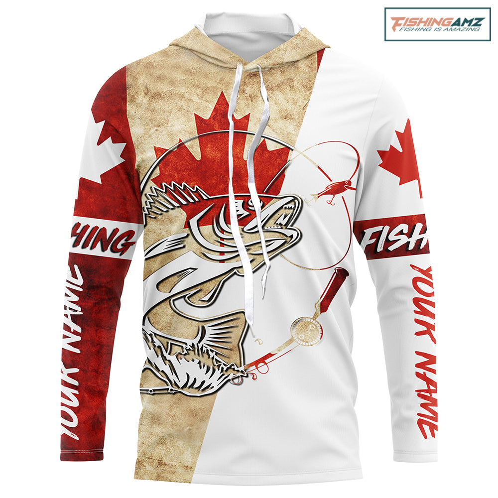 Canada Flag Walleye Fishing Custom long sleeve performance Fishing Shirts, Walleye Fishing jerseys IPHW2853