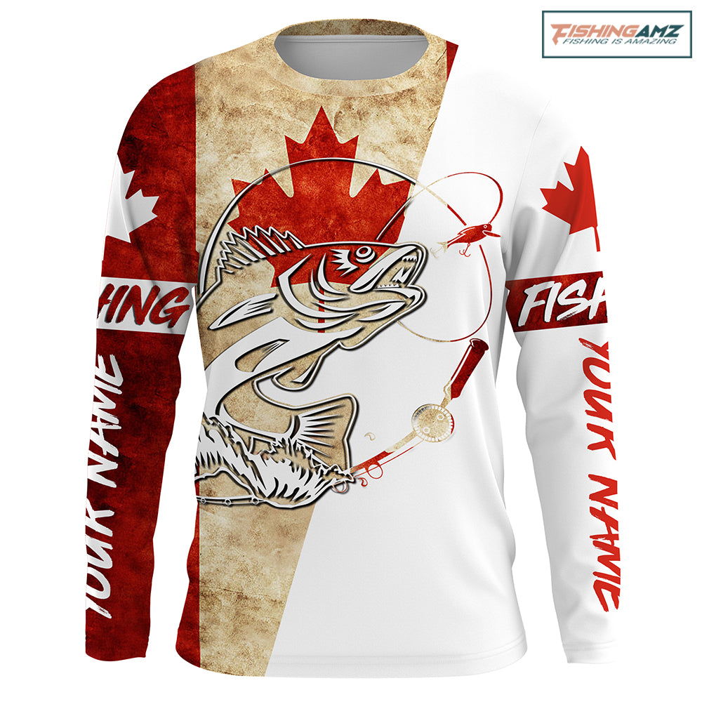 Canada Flag Walleye Fishing Custom long sleeve performance Fishing Shirts, Walleye Fishing jerseys IPHW2853