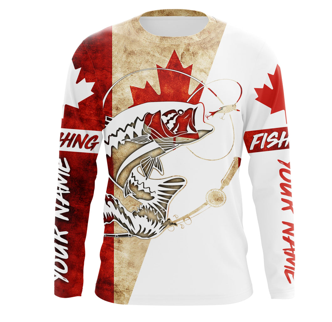 Canada Flag Smallmouth Bass Custom long sleeve performance Fishing Shirts, Bass Fishing jerseys IPHW2974