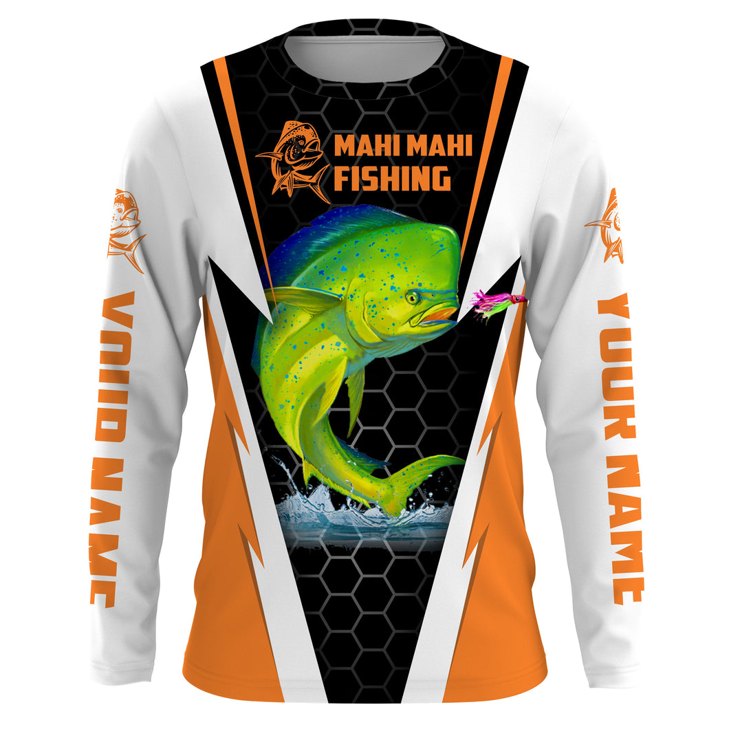 Personalized Mahi Mahi Fishing jerseys, Mahi Mahi Long Sleeve Fishing tournament shirts | orange IPHW2234