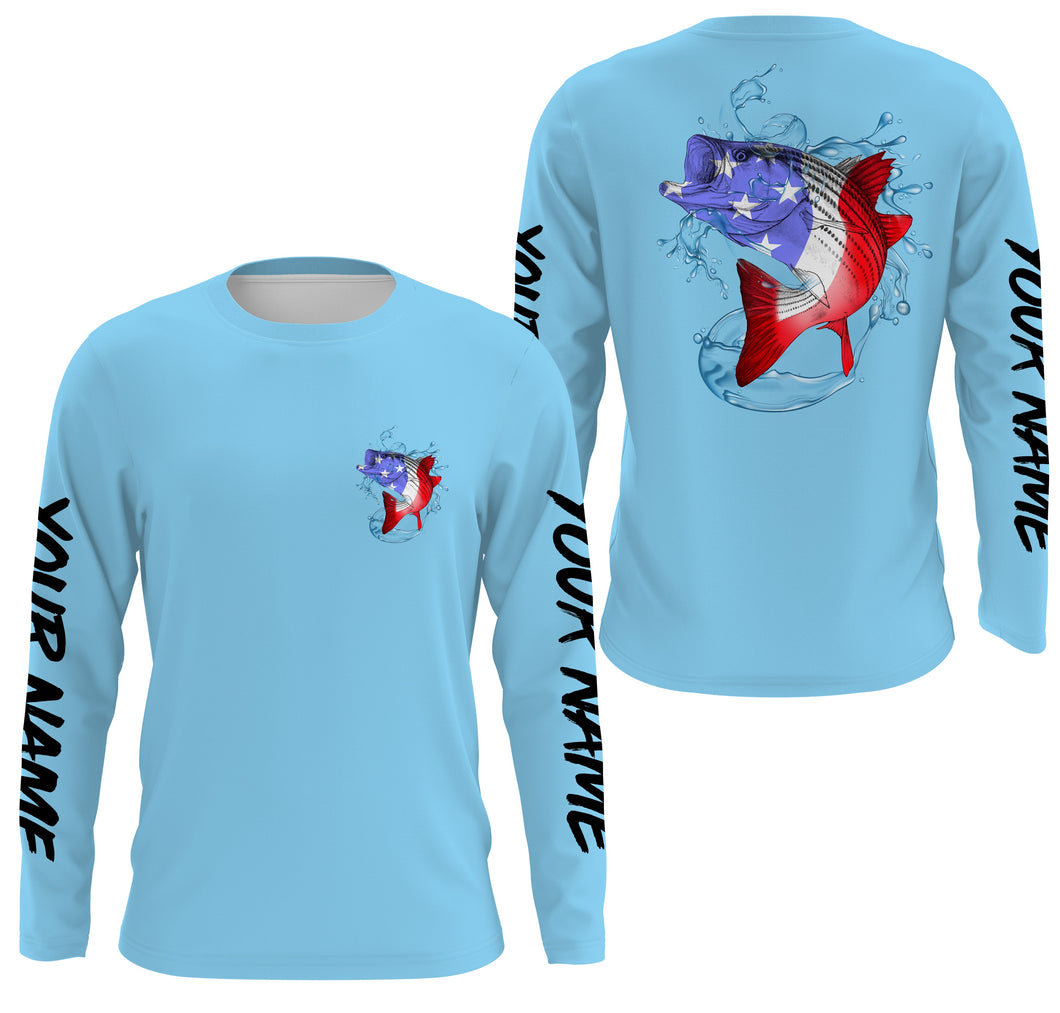 Striped Bass Fishing American Flag Custom Fishing Shirts, Patriotic Bass Fishing jerseys | blue IPHW1779