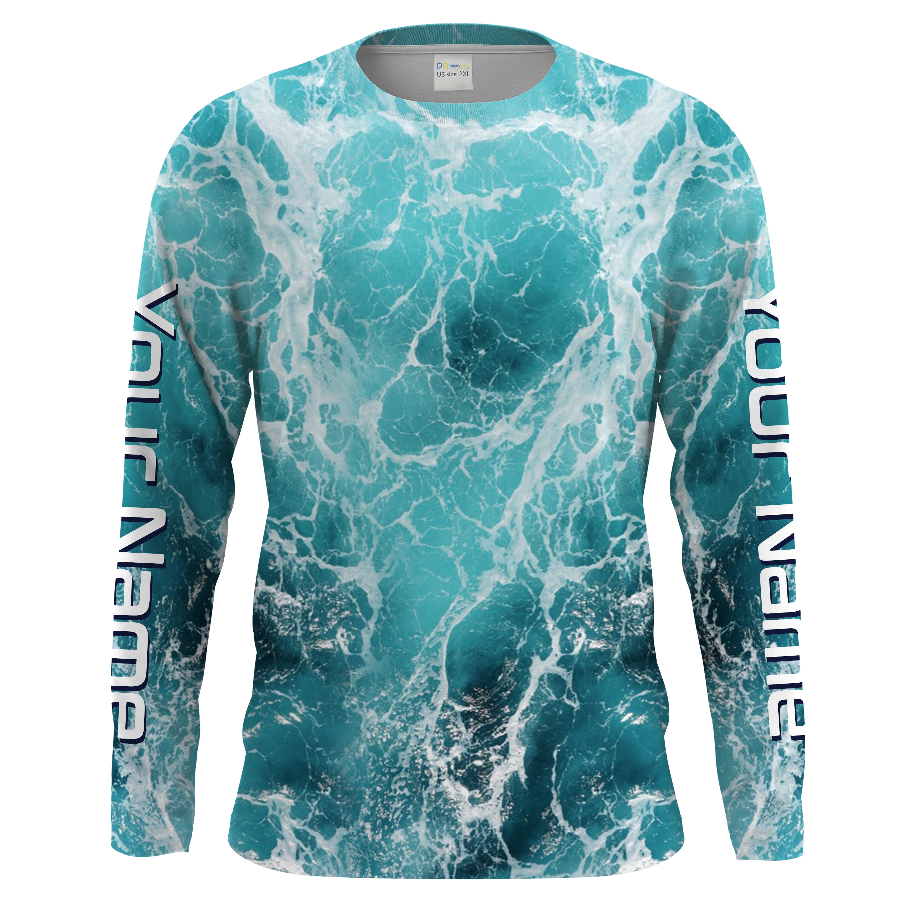 Custom Saltwater Long Sleeve performance Fishing Shirts for anglers | teal blue Sea wave camo Fishing jerseys - HPW180