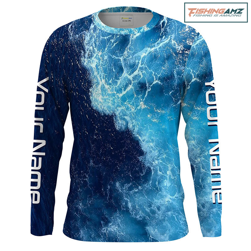 Beautiful Custom Saltwater Long sleeve Fishing Shirts UV Protection, Sea wave camo Fishing Shirts - HPW182