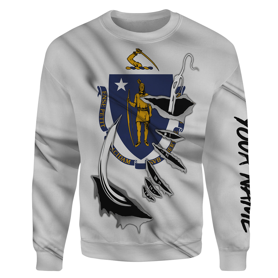 Massachusetts Flag Fishing Fish hook Custom All over print Sweatshirt, patriotic Fishing Shirts - HPW334