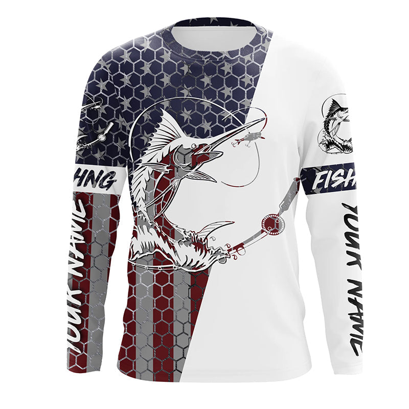 Sailfish American Flag Custom Long Sleeve Fishing Shirts, Saltwater Patriotic Fishing Jerseys IPHW4013