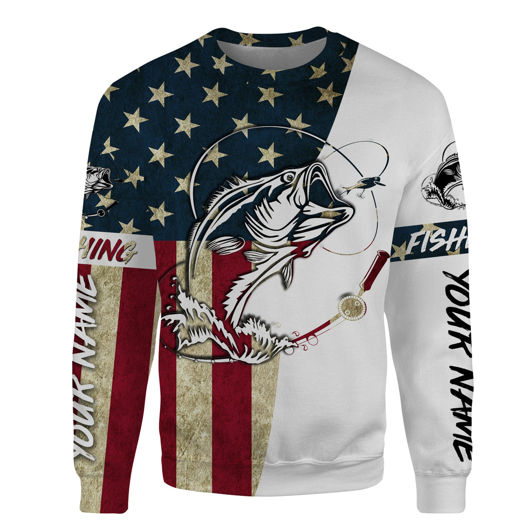 Bass Fishing American Flag Custom All over print Sweatshirt, Patriotic Vintage Bass Fishing Shirts - HPW316