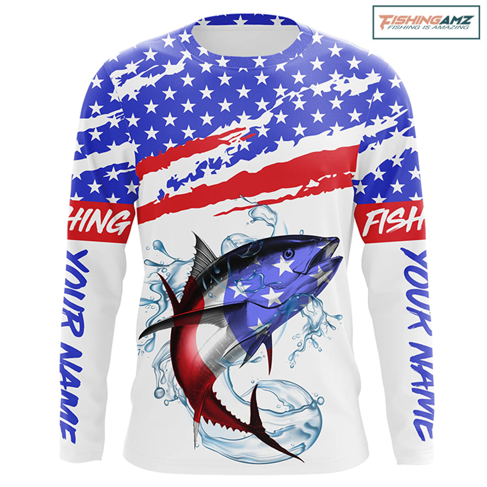 Personalized Tuna American Flag Uv Protection Fishing Shirts, Tuna Saltwater Fishing Shirt IPHW3755