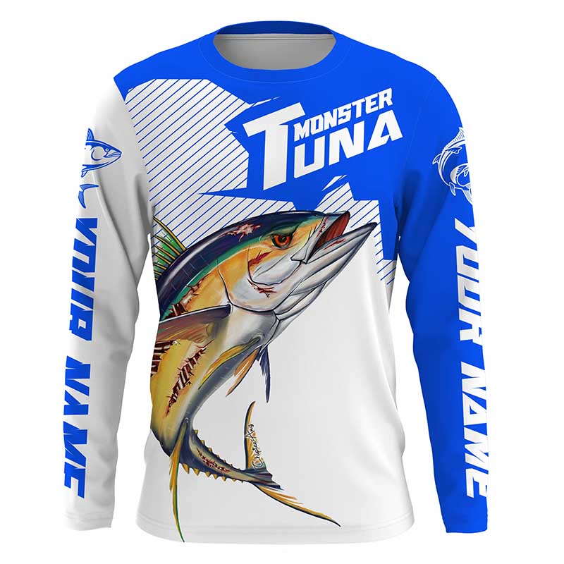 Monster Tuna Fishing jerseys, Yellowfin Tuna fish skull Custom Long sleeve Fishing Shirts | blue IPHW3532