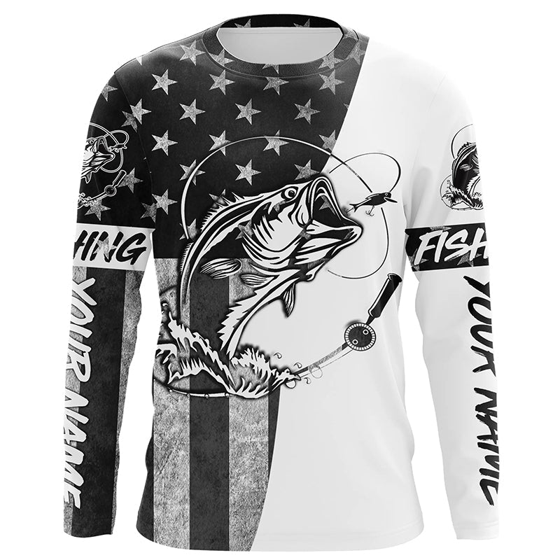 Black And White American Flag Bass Fishing Shirts, Personalized Patriotic Bass Fishing Jerseys IPHW4130