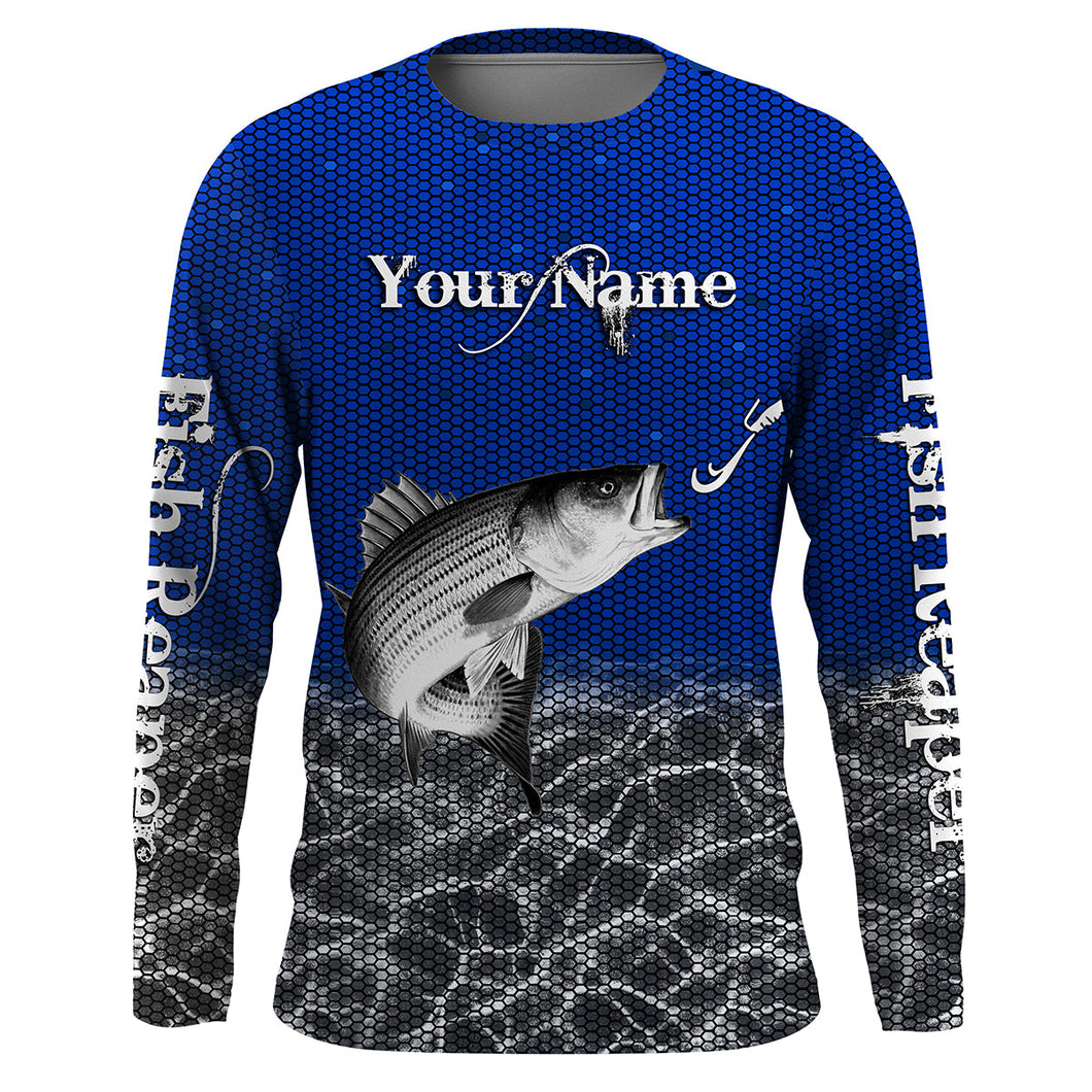 Striped Bass Custom Long Sleeve performance Fishing Shirts, Striper Fishing jerseys | blue IPHW1689