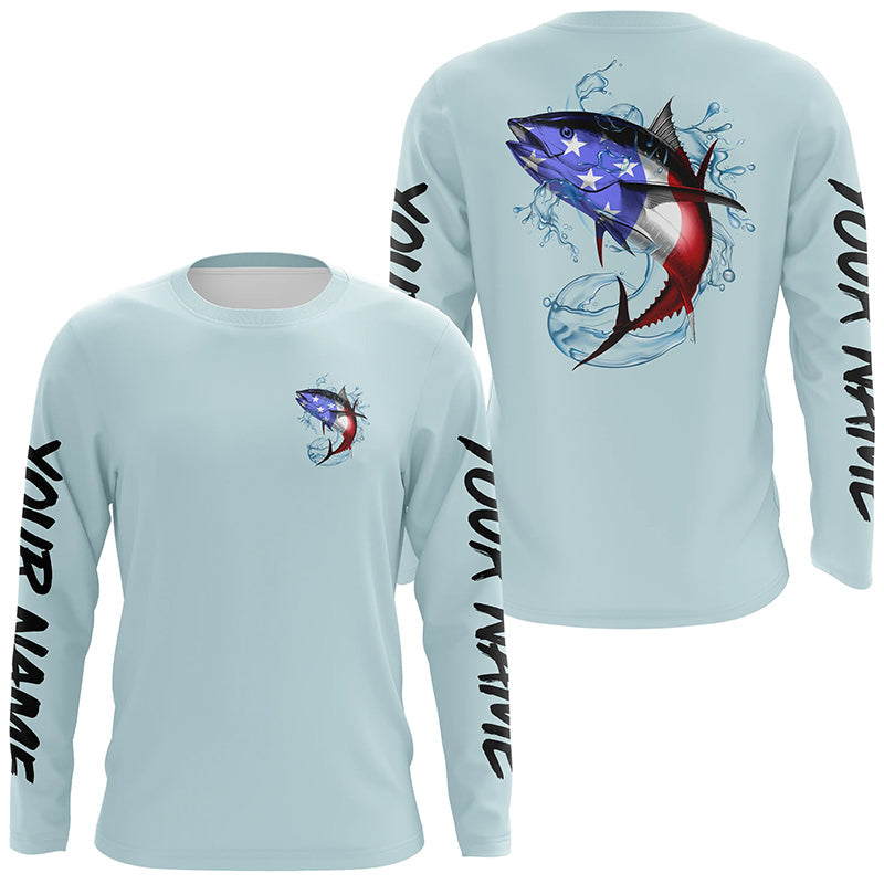 Custom American Flag Tuna Long Sleeve Performance Fishing Shirts, Patriotic Fishing Jerseys | Blue IPHW4177