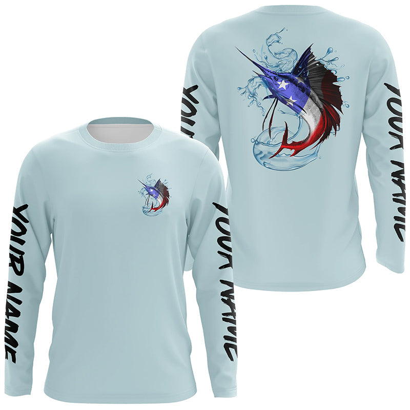 Custom American Flag Sailfish Long Sleeve Fishing Shirts Patriotic Fishing Jerseys | Blue IPHW4180