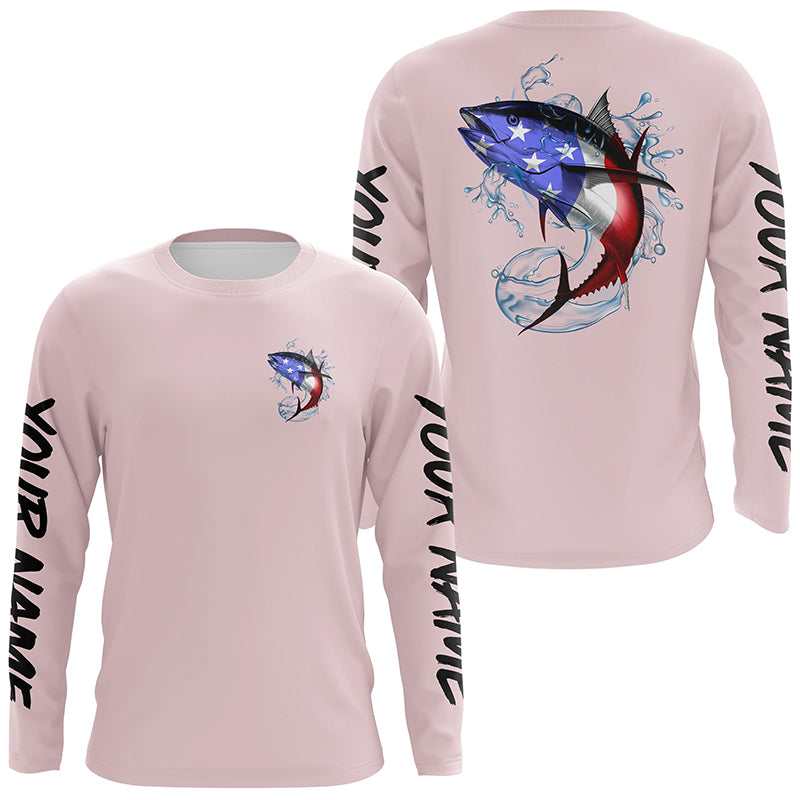 Custom American Flag Tuna Long Sleeve Performance Fishing Shirts, Patriotic Fishing Jerseys | Pink IPHW4182