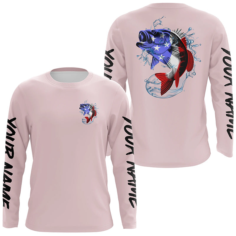 Custom American Flag Bass Long Sleeve Performance Fishing Shirts, Patriotic Fishing Jerseys | Pink IPHW4183