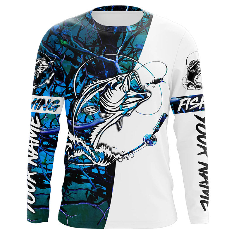 Personalized Bass Fishing Shirts, Bass Fishing tattoo tournament Fishing Shirts | teal blue camo IPHW3572