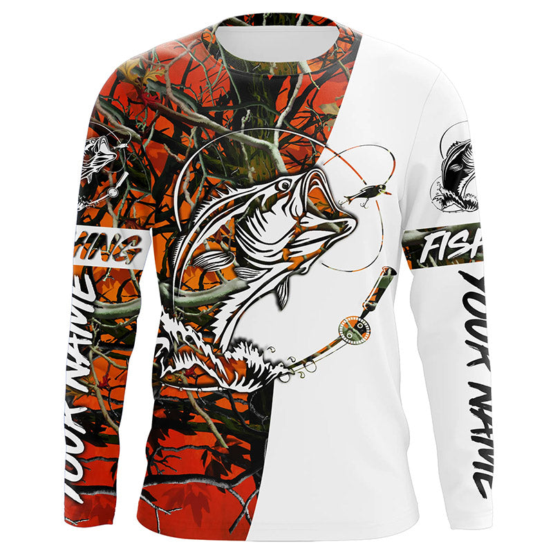 Bass Fishing Custom Long sleeve performance Fishing Shirts, Largemouth Bass Shirts | orange camo IPHW3575