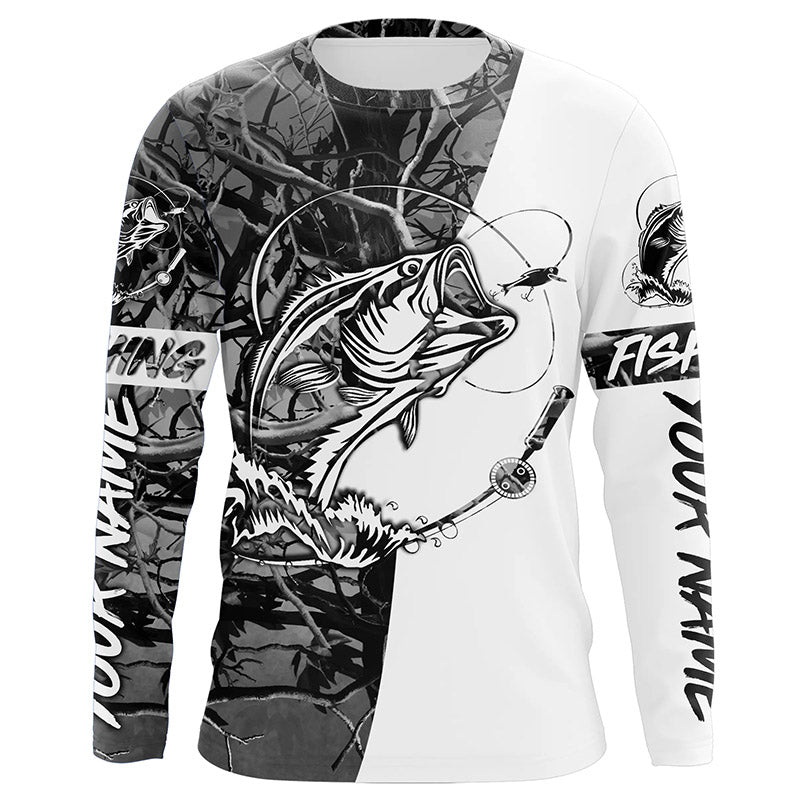 Bass Fishing Custom Long sleeve performance Fishing Shirts, Largemouth Bass Shirts | gray camo IPHW3576